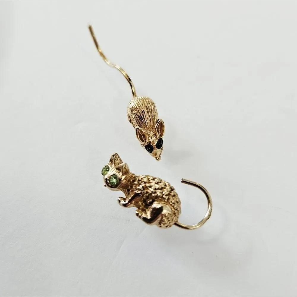 Vintage B.A. Ballou & Co. BAB Reg'd Gold Tone Green Rhinestone Cat Mouse Pin Set